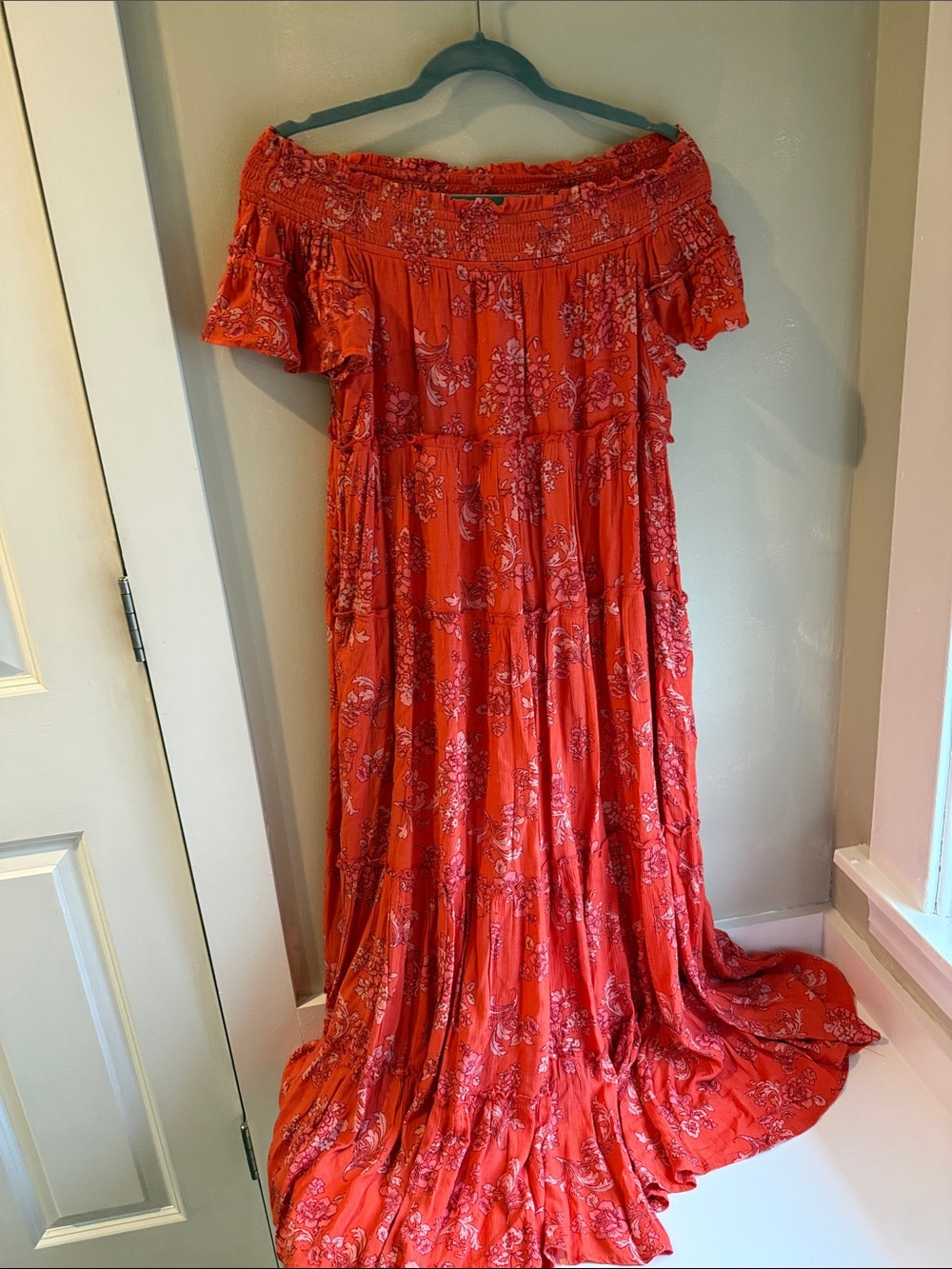 Free People Red-Orange Floral Off-Shoulder Maxi Dress
